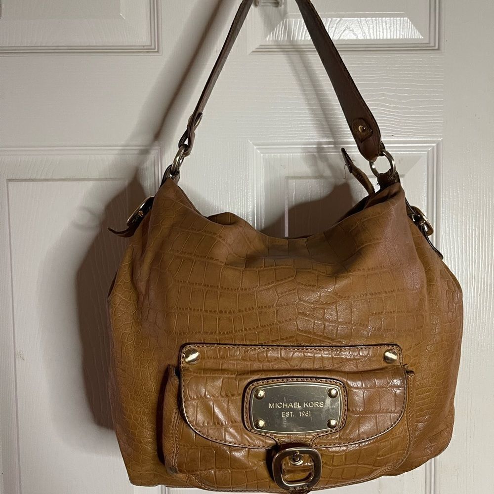 Michael Kors Tan leather crocs embossed shoulder bag with gold tone hard…